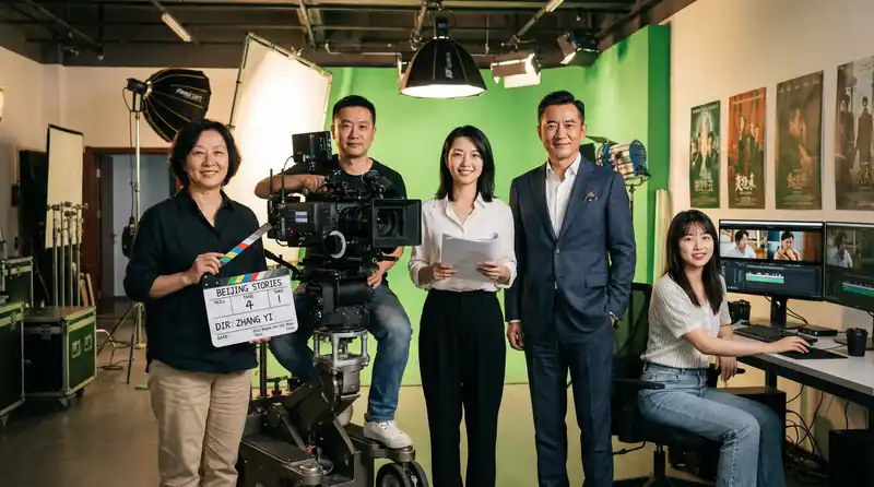 免费看片专业影视制作团队在现代化摄影棚中合影，展示导演、摄影师、编剧、制片人和剪辑师