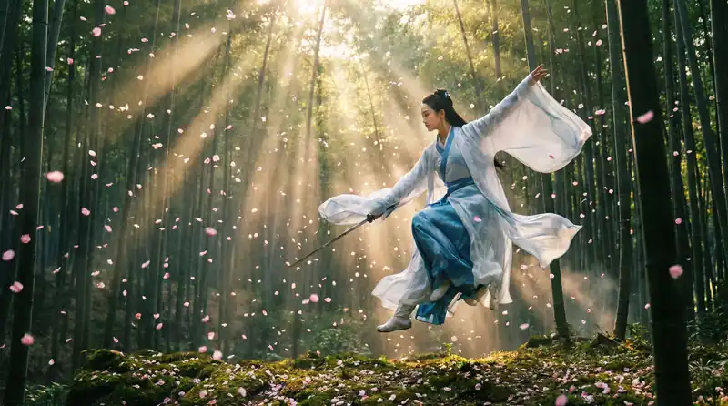 免费看片精彩影片预告片画面，竹林中女侠飞身舞剑